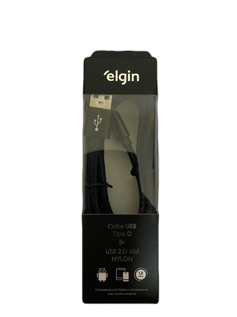 Cabo USB Tipo C para USB 2.0 AM Nylon Preto 1,5m Elgin